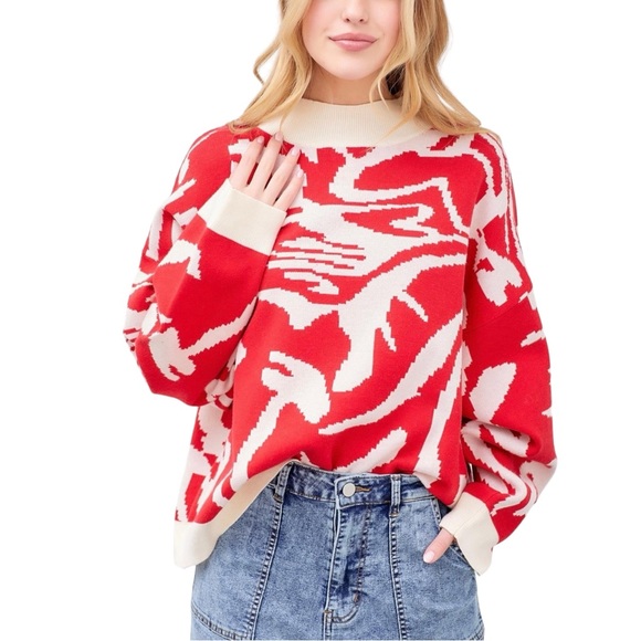 Polagram Sweaters - New POLAGRAM Abstract Knit Sweatshirt Red Cream Sz L